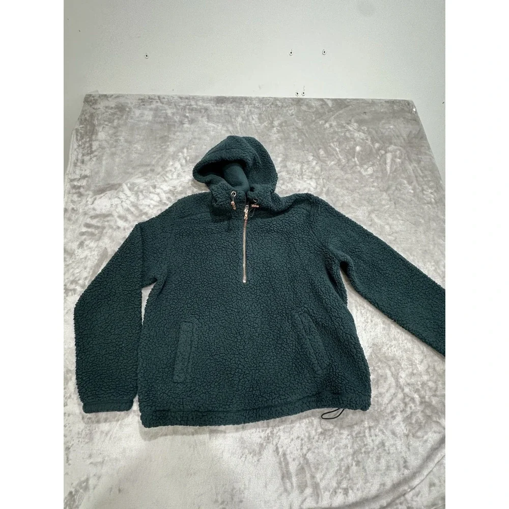 Old Navy Sherpa Pullover Sweater Jacket Women's Size Small Green Hooded 1/4 Zip